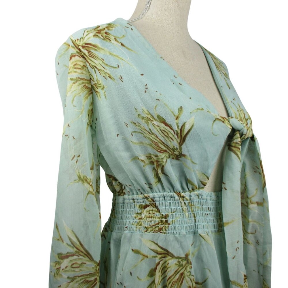 Floral Boho Long-Sleeve Tie-Front Ruffle Dress Size XL Light Green Boho - Picture 7 of 7